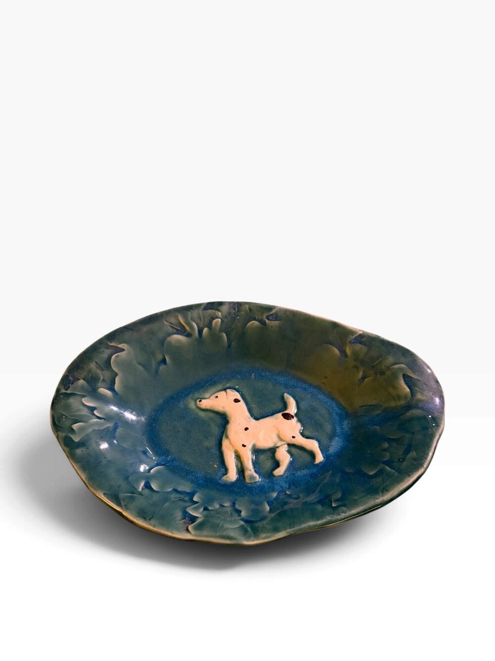 Vtg Style Handmade Ceramic Dog Trinket Dish - Green Glaze Catch-All Jewelry bowl